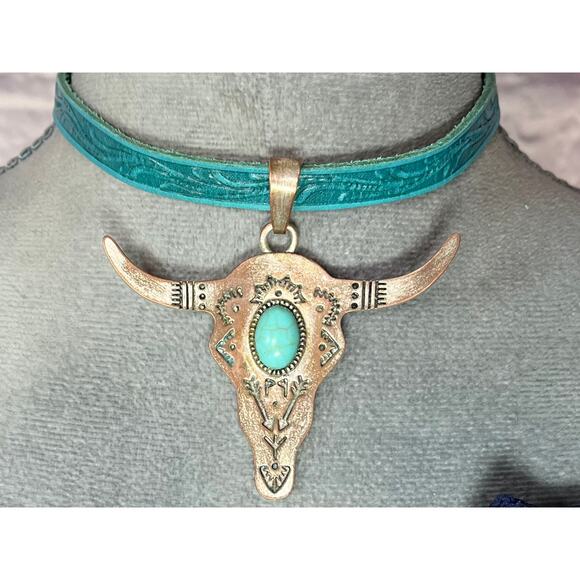 Handmade Jewelry - Handmade Western/Cowgirl Style Tooled Leather Choker with Cow Skull Pendant